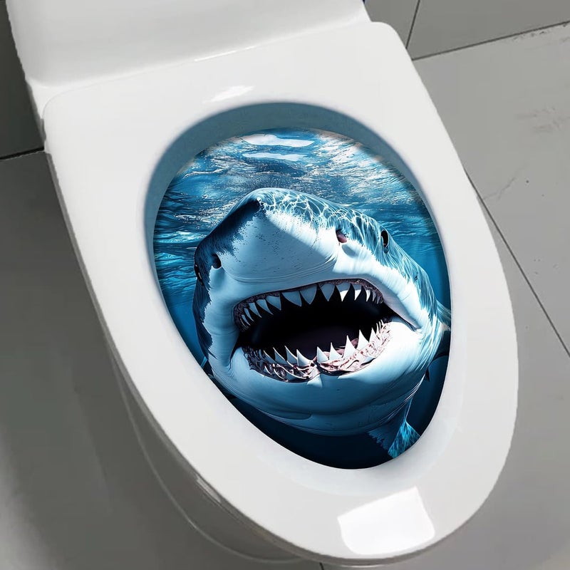 Iprokiu Cute Animal Toilet Sticker Waterproof 3D Funny Dog Cracking Toilet Seat Lid Decal Bathroom Wall Sticker Squirrel Toilet Lid Decal Home Decoration (Shark) - Image 2
